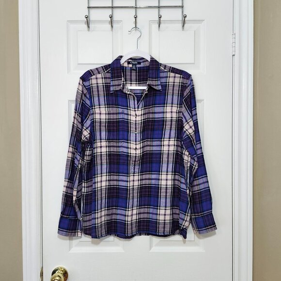 Chaps Ralph Lauren Women's Long Sleeve Flannel Top ~ Purple, Blue and White ~ PL - Picture 1 of 5